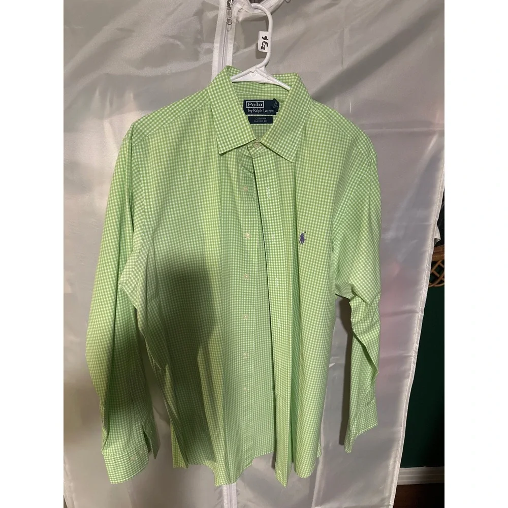 Polo Ralph Lauren Curham Classic Fit Gingham Shirt Green White Mens 16.5 L